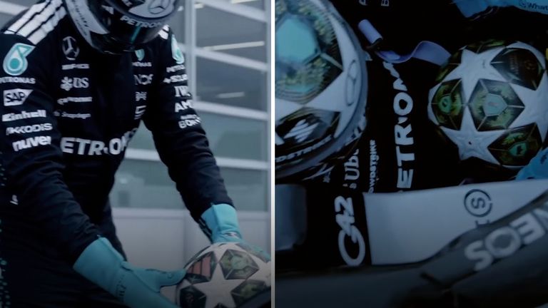 George Russell takes time out of the Spanish GP to deliver the Champions League ball ahead of the final between PSG and Inter Milan in Munich. 