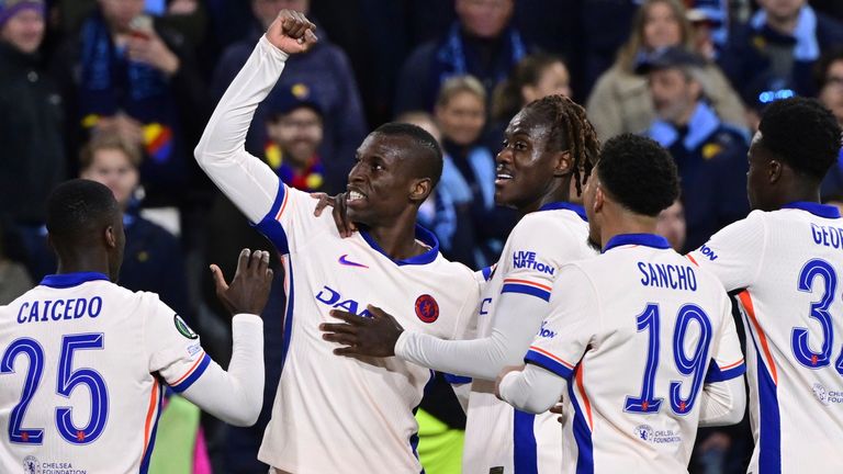 Chelsea's Nicolas Jackson, second left, celebrates after scoring his side's fourth goal during the Conference League semi-final first leg soccer match between Djurgardens IF and Chelsea FC in Stockholm, Sweden, Thursday, May 1, 2025. (Jonas Ekstroemer/TT News Agency via AP)