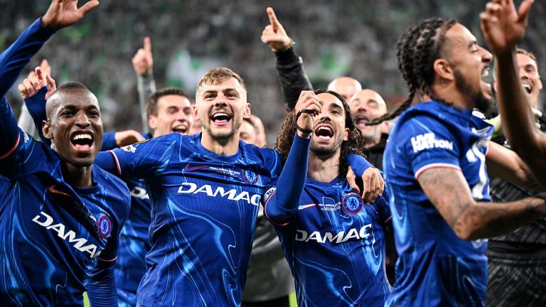 Chelsea celebrate after beating Real Betis 4-1 in the UEFA Conference League final