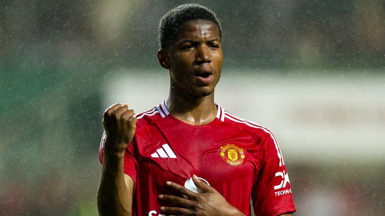 Chido Obi celebrates scoring his second goal for Man Utd in their friendly against Hong Kong