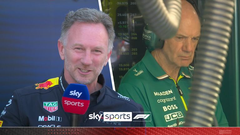 Christian Horner jokingly describes Adrian Newey as 'giant bogey' when first spotting him in new Aston Martin kit since leaving Red Bull.