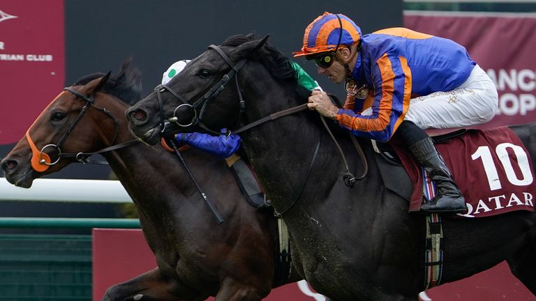 Christophe Soumillon rides Camille Pissarro to victory in the Qatar Prix Jean-Luc Lagardere at ParisLongchamp 