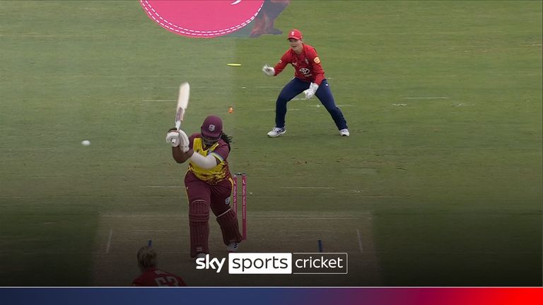 Lauren Bell sends down a brilliant delivery to get West Indies opener Qiana Joseph on first ball.