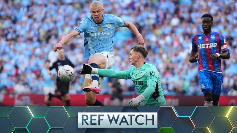 Dermot Gallagher and Stephen Warnock believe Dean Henderson was a lucky man to stay on the pitch in the FA Cup Final, as he appeared to handle the ball outside of the area as Erling Haaland was closing him down. 