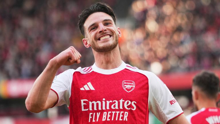 Declan Rice celebrates after giving Arsenal the lead against Newcastle