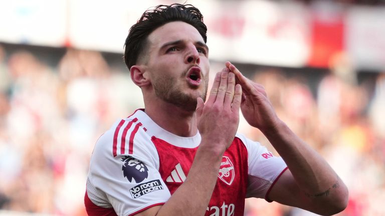 Arsenal's Declan Rice celebrates after scoring his side's winner against Newcastle