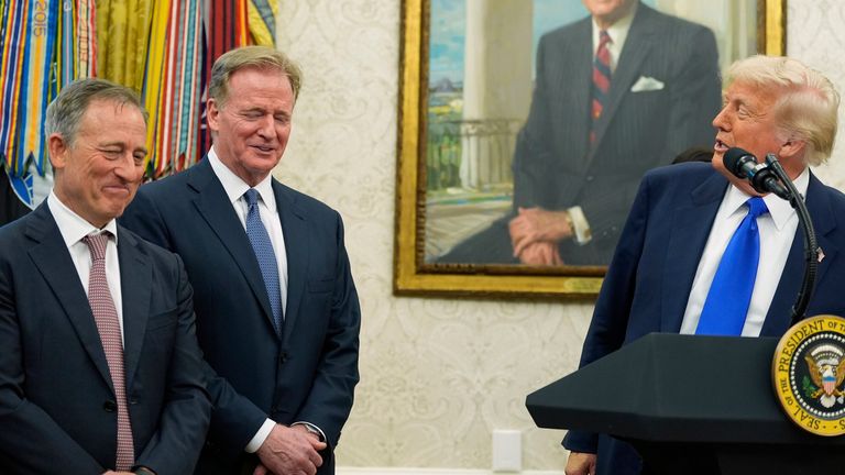 Josh Harris, Roger Goodell and Donald Trump announce 2027 NFL draft will be held in Washington, DC
