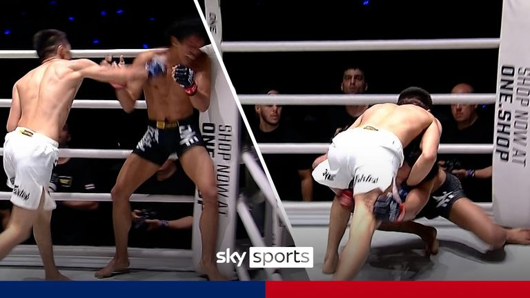 ONE fighter Marwin Quirante hangs on to opponent Torepchi Dongak as he viciously stopped in the first round. 