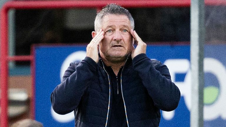 DUNDEE, SCOTLAND - MAY 14: Dundee manager Tony Docherty during a William Hill Premiership match between Dundee and Ross County at the Scot Foam Stadium at Dens Park, on May 14, 2025, in Dundee, Scotland. (Photo by Ross Parker / SNS Group)