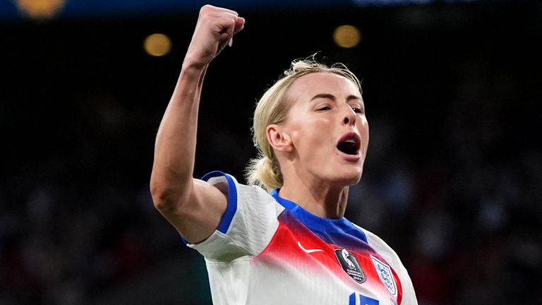 England's Chloe Kelly celebrates scoring the sixth goal against Portugal