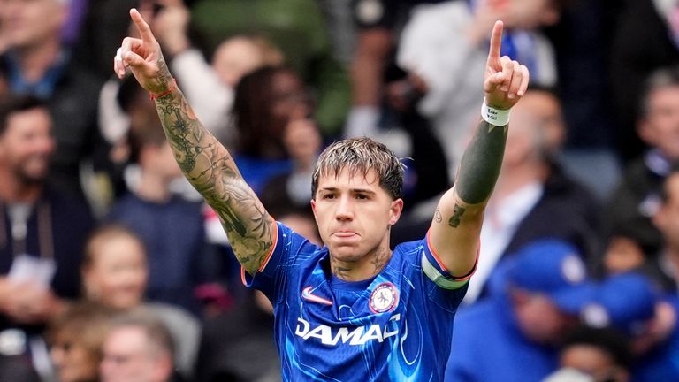 Chelsea's Enzo Fernandez celebrates scoring against Liverpool