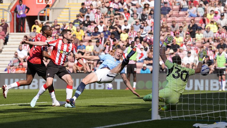 Erling Haaland attempts a shot at goal
