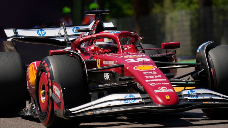Ferrari driver Charles Leclerc of Monaco steers his car during the first free practice at the Enzo and Dino Ferrari racetrack, ahead the Italy's Emilia Romagna Formula One Grand Prix, in Imola, Italy, Friday, May 16, 2025. (AP Photo/Luca Bruno)