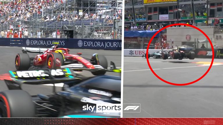 Watch the dramatic scenes as Lewis Hamilton's car flies after sweeping the barriers during P1 of the Monaco Grand Prix.