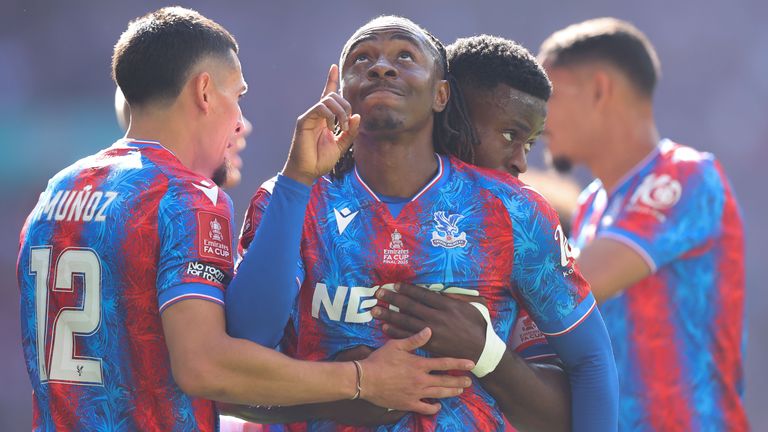 Eberechi Eze points skywards after scoring for Crystal Palace in the FA Cup final