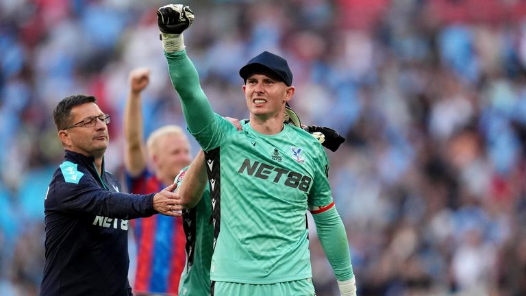 Dean Henderson celebrates at the final whistle after helping Crystal Palace win the FA Cup final