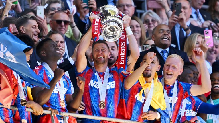 Joel Ward lifts the FA Cup following Crystal Palace's 1-0 win against Manchester City