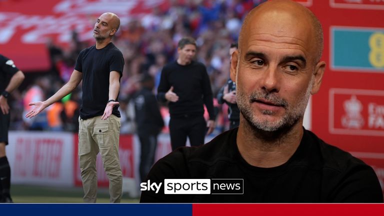 Manchester City's head coach Pep Guardiola reacts during the FA Cup final between Manchester City and Crystal Palace at the Wembley Stadium in London, Saturday, May 17, 2025. 