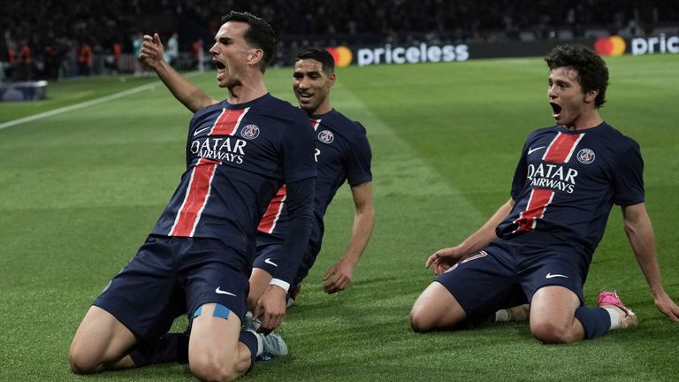 Fabian Ruiz of PSG famous after scoring the opening goal of his team in the semi-final of the Champions League, football match on the second floor between Paris Saint-Germain and Arsenal at the Parc des Princes in Paris, Wednesday May 7, 2025. (AP Photo / Aurelien Morissard)
