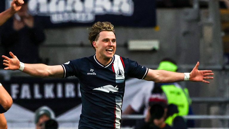FALKIRK, SCOTLAND - MAY 02: Falkirk...s Ethan Ross celebrates after scoring to make it 2-1 during a William Hill Championship match between Falkirk and Hamilton Academical at the Falkirk Stadium, on May 02, 2025, in Falkirk, Scotland. (Photo by Craig Williamson / SNS Group)