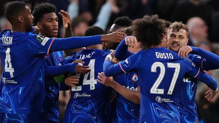 Chelsea's Kiernan Dewsbury-Hall (right) celebrates with team-mates after scoring their side's first goal 