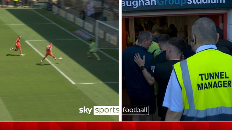 Stockport staff confronted the match officials during half-time after Leyton Orient's controversial opener, which Gareth Ainsworth called a 'travesty'.