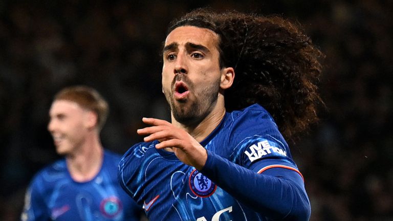 Marc Cucurella celebrates giving Chelsea the lead against Manchester United