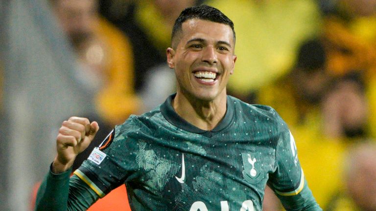 Tottenham's Pedro Porro celebrates scoring a goal during the Europa League semi-final against Bodo/Glimt