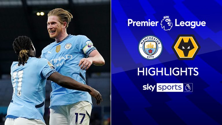 Manchester City's Kevin De Bruyne celebrates scoring their side's first goal of the game against Wolves in the Premier League. 