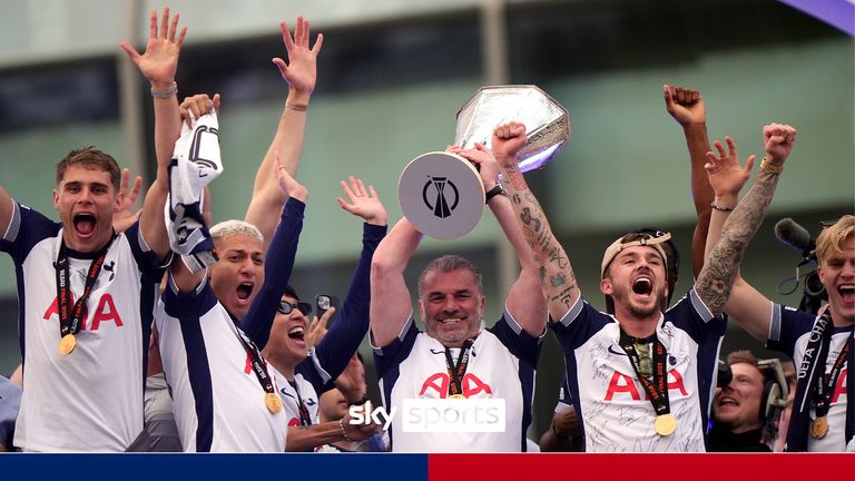 Ange Postecoglou lifts the Europa League trophy at Spurs parade.