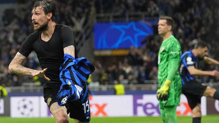 Inter Milan's Francesco Acerbi celebrates after scoring during the Champions League semifinal second leg soccer match between Inter Milan and Barcelona at San Siro stadium in Milan , Italy, Tuesday, May 6, 2025. (AP Photo/Antonio Calanni)