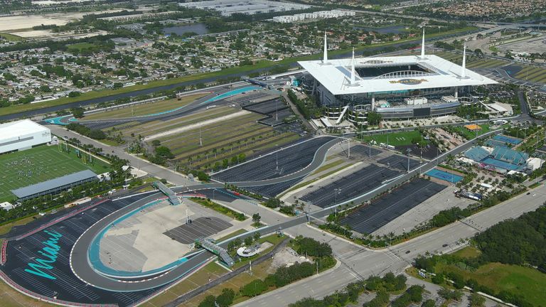 A general overall aerial view of Hard Rock Stadium and Formula 1 Grand Prix racetrack, Wednesday, Oct. 30, 2024, in Miami Gardens, Fla. (Kirby Lee via AP)