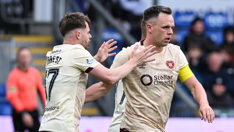 Hearts' Lawrence Shankland (R) celebrates after scoring to make it 2-1 during a William Hill Premiership match between Ross County and Heart of Midlothian