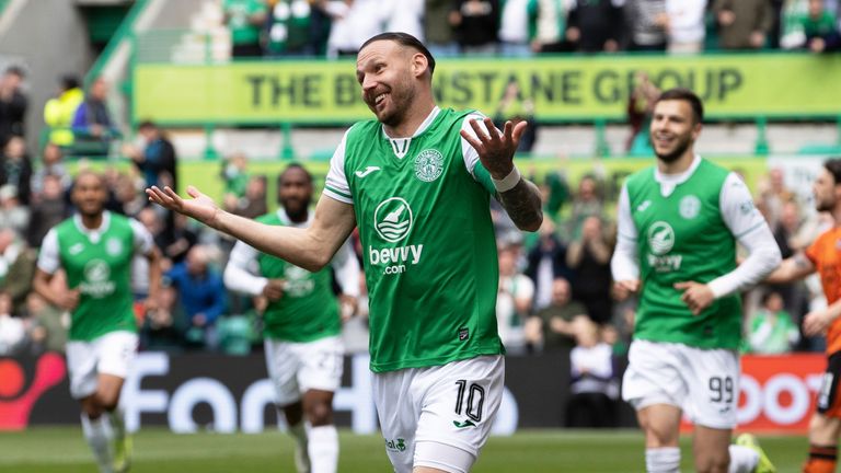Hibs Martin Boyle celebrates after scoring to make it 1-0 during a William Hill Premiership match between Hibernian and Dundee United at Easter Road