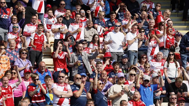 Hull KR fans celebrate in the stands during the Betfred Challenge Cup semi-final