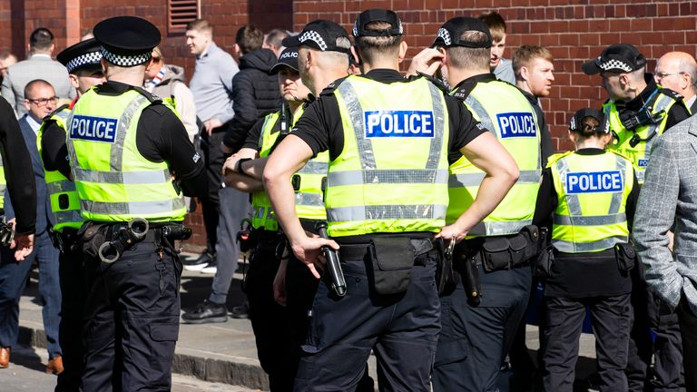 GLASGOW, SCOTLAND - MAY 04: Police outside the stadium before a William Hill Premiership match between Rangers and Celtic at Ibrox Stadium, on May 04, 2025, in Glasgow, Scotland. (Photo by Alan Harvey / SNS Group)