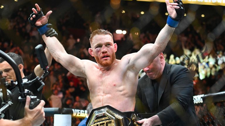 Jack Della Maddalena reacts following his win over Belal Muhammad at their UFC 315 mixed martial arts welterweight title bout in Montreal, Sunday, May 11, 2025. (Graham Hughes/The Canadian Press via AP)