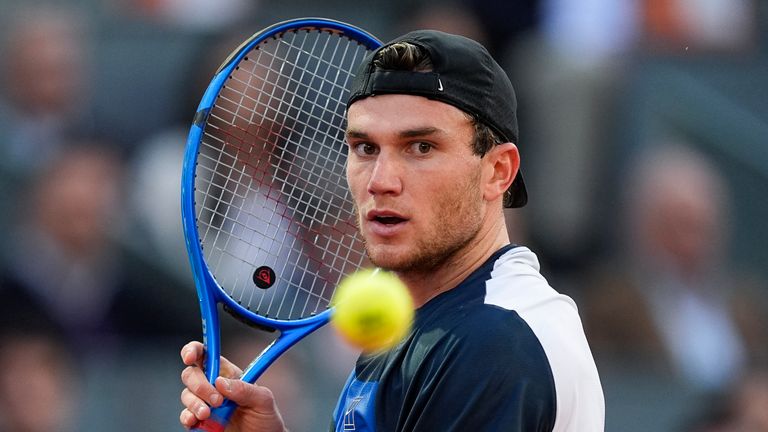 Jack Draper of Great Britain in action against Lorenzo Musetti of Italy during the Mutua Madrid Open 2025, ATP Masters 1000 and WTA 1000 tennis tournament, celebrated at Caja Magica on May 02, 2025 in Madrid, Spain. AFP7 02/05/2025 (Europa Press via AP)