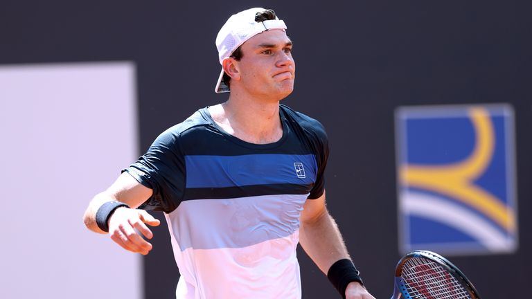 Jack Draper of Great Britain reacts during his Men's Singles Round of 16 match against Corentin Moutet of France on Day Nine of the Internazionali BNL D'Italia 2025 at Foro Italico on May 13, 2025 in Rome, Italy. (Photo by Dan Istitene/Getty Images)