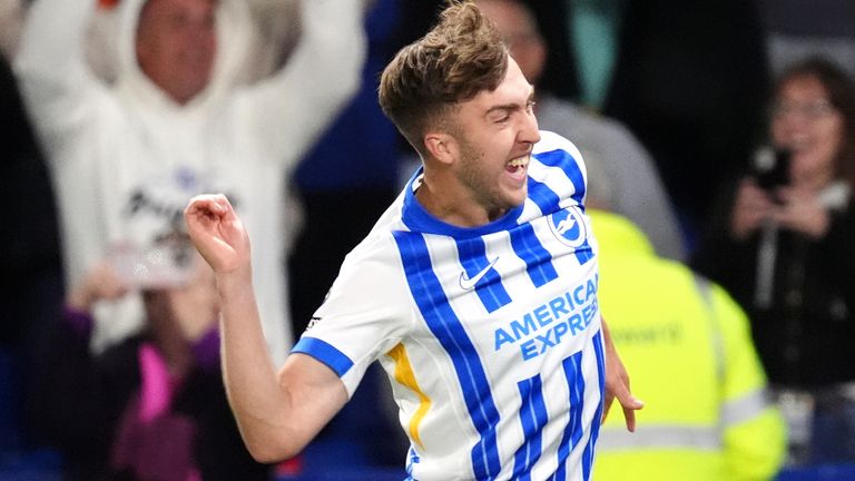 Jack Hinshelwood celebrates scoring Brighton's winner against Liverpool
