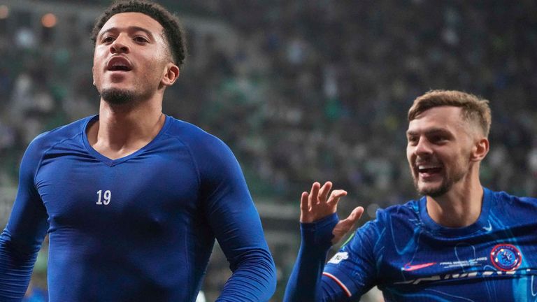 Chelsea's Jadon Sancho, left, celebrates after scoring his side's third goal during the Europa Conference League final soccer match between Real Betis and Chelsea in Wroclaw, Poland, Wednesday, May 28, 2025. (AP Photo/Czarek Sokolowski)