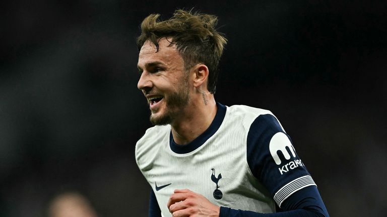 James Maddison celebrates Tottenham's second goal against Bodo/Grim