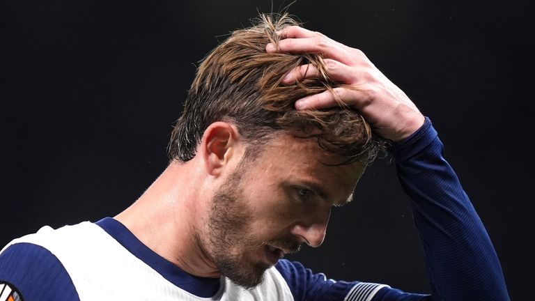 Tottenham Hotspur's James Maddison reacts during the UEFA Europa League quarter-final, first leg match at the Tottenham Hotspur Stadium, London. Picture date: Thursday April 10, 2025.