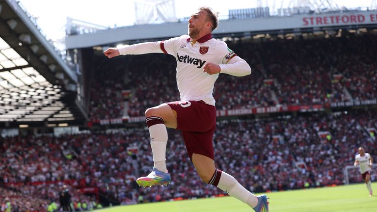 Jarrod Bowen celebrates after doubling West Ham's lead at Old Trafford
