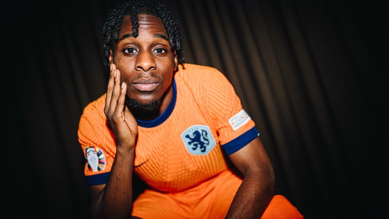 Jeremie Frimpong of Netherlands poses for a portrait during the Netherlands Portrait session ahead of the UEFA EURO 2024 Germany on June 03, 2024 in Zeist, Netherlands.