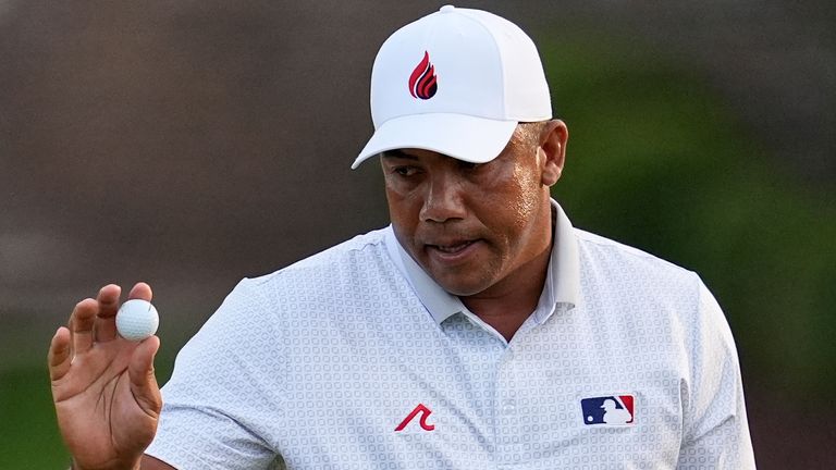 Jhonattan Vegas, of Venezuela, waves after making a putt on the seventh hole during the first round of the PGA Championship golf tournament at the Quail Hollow Club, Thursday, May 15, 2025, in Charlotte, N.C. (AP Photo/George Walker IV) 