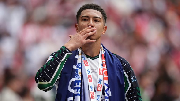 Jobe Bellingham pictured celebrating after Sunderland secured promotion to the Premier League