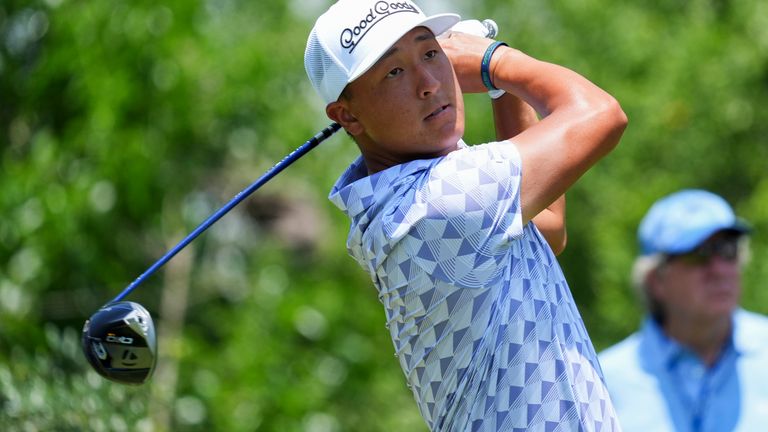John Pak hits off the ninth tee during the first round of the Charles Schwab Challenge golf tournament at Colonial Country Club in Fort Worth, Texas, Thursday, May 22, 2025. (AP Photo/LM Otero)
