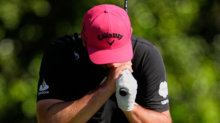 Jon Rahm, of Spain, reacts to his tee shot on the 14th hole during the final round of the PGA Championship golf tournament at the Quail Hollow Club, Sunday, May 18, 2025, in Charlotte, N.C. (AP Photo/George Walker IV)
