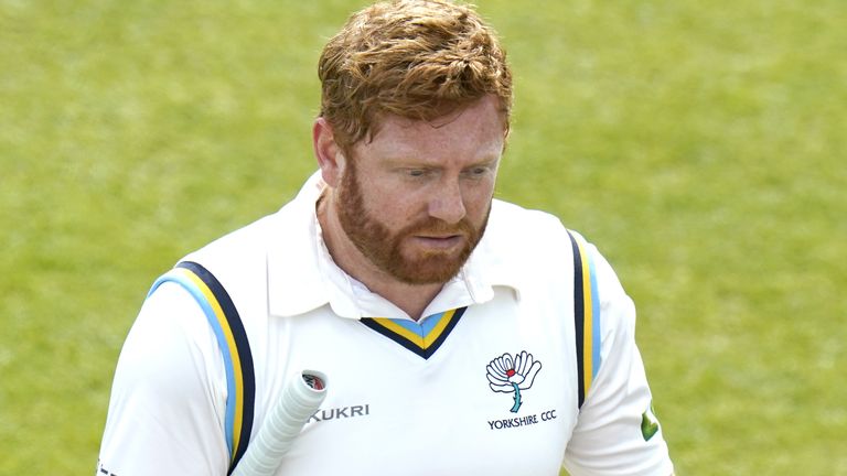 Yorkshire's Jonny Bairstow looks frustrated after being caught out by Nottinghamshire's Calvin Harrison on day one of the Second Eleven Championship match at Headingley Stadium, Leeds. Picture date: Tuesday April 25, 2023.